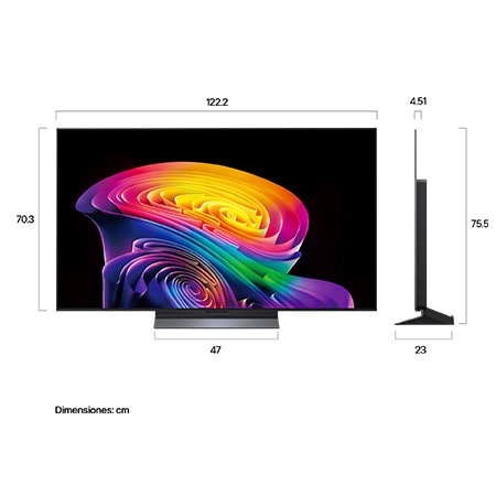 La LG OLED evo AI C6, que se muestra en vista frontal y lateral, destaca por su pantalla de 55 pulgadas con una anchura de 1222 mm, una altura total de 703 mm y un grosor ultrafino de 45.1 mm sin soporte.